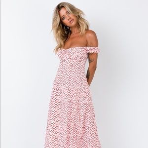 Red and white floral dress midi